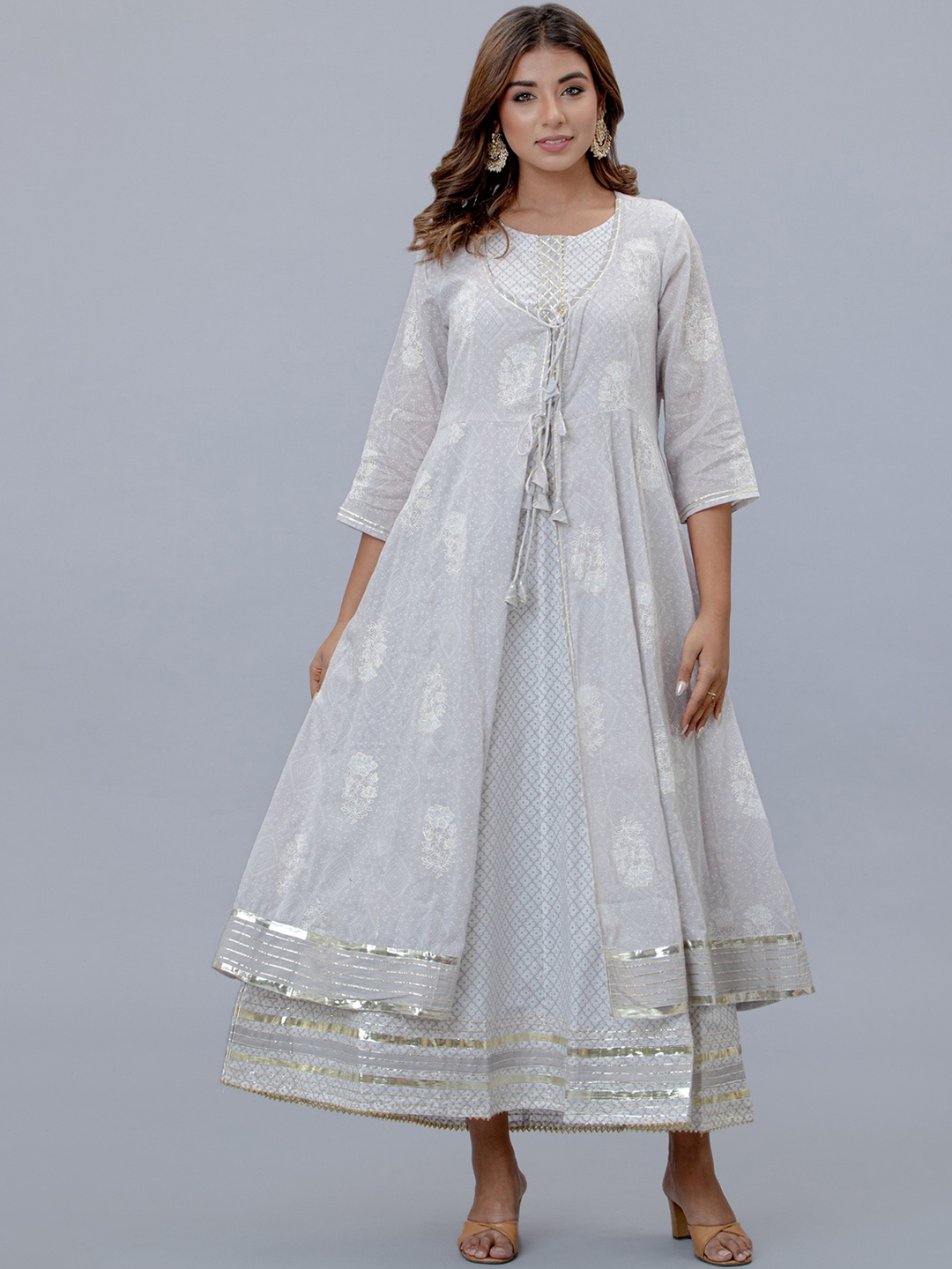 

KALINI Floral Embellished Gotta Patti Cotton Anarkali Kurta, Grey