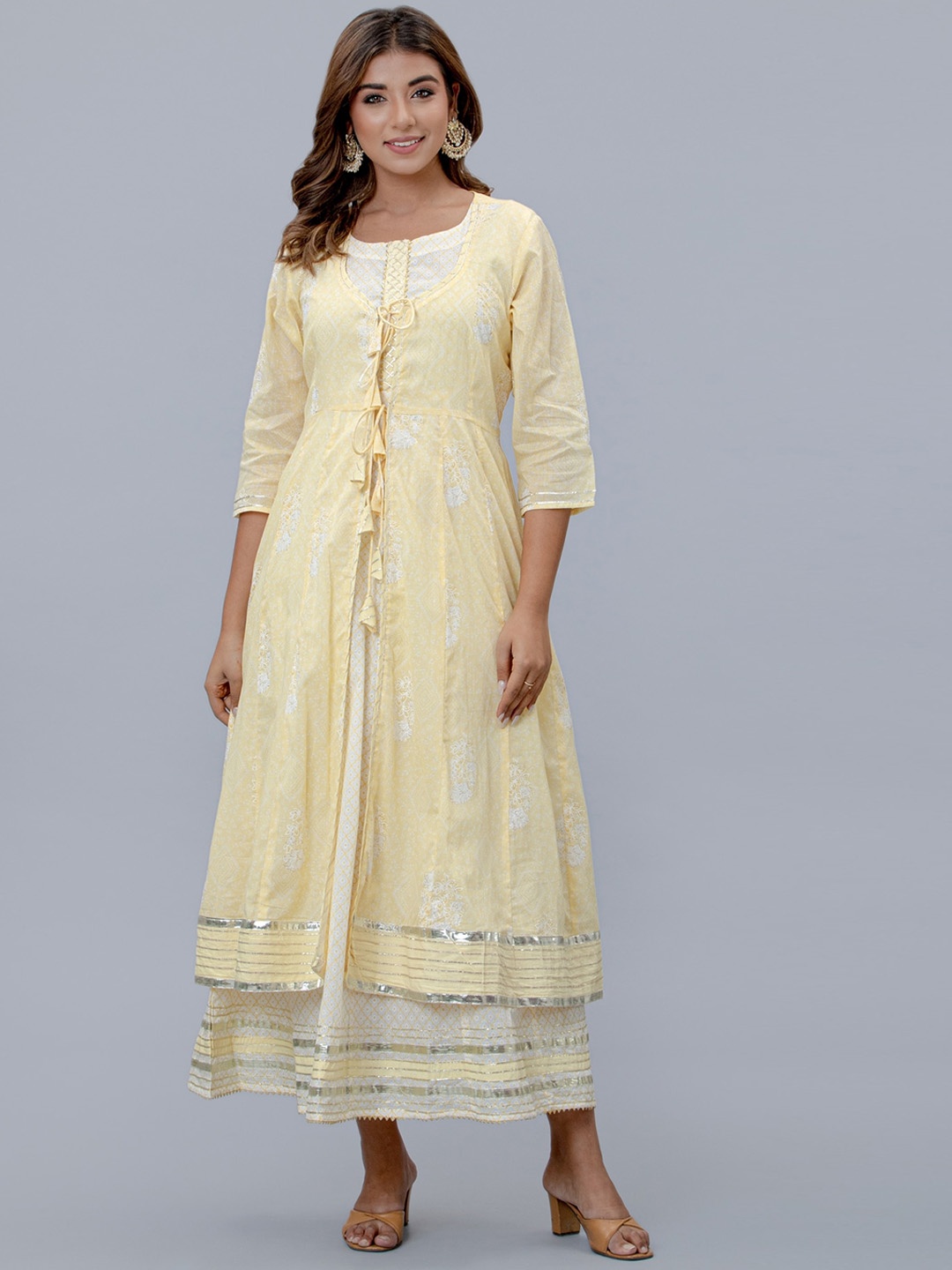 

KALINI Floral Pure Cotton Anarkali Gown With Jacket, Yellow