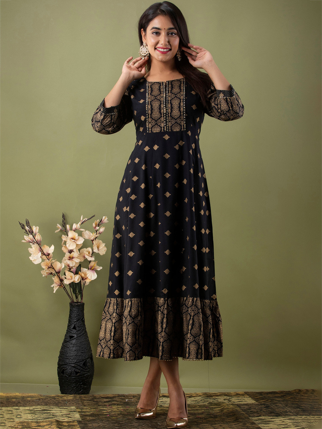 

KALINI Ethnic Motifs Printed Flared Sleeves Anarkali Tyred Gown, Black
