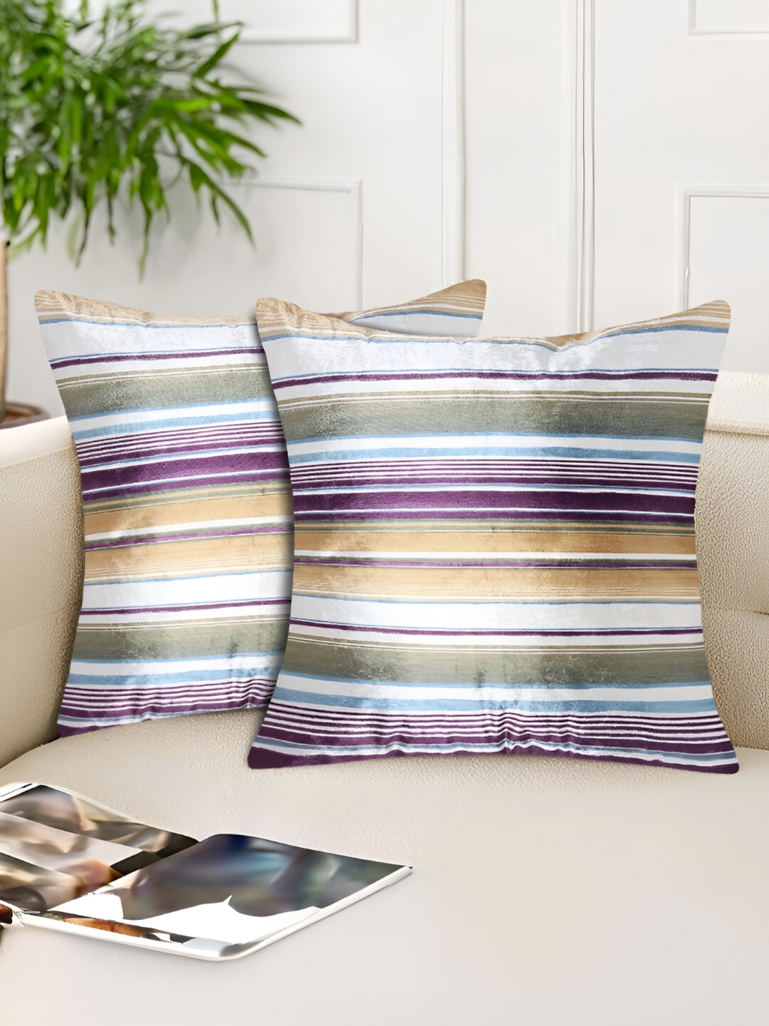 

Tesmare Off White & Yellow 2 Pcs Striped Velvet Square Cushion Covers