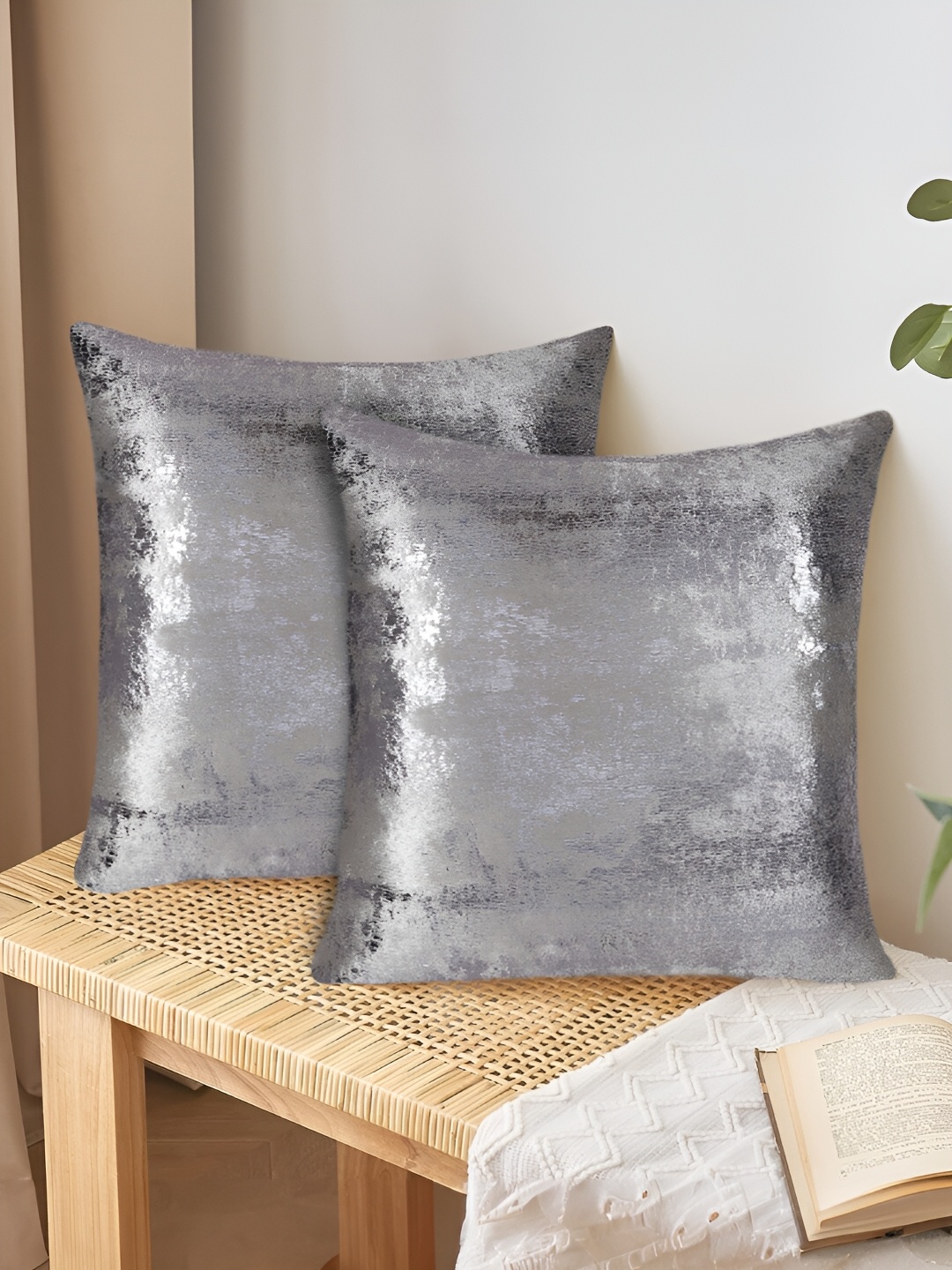 

Tesmare Silver-Toned & Grey 2 Pcs Velvet Square Cushion Covers