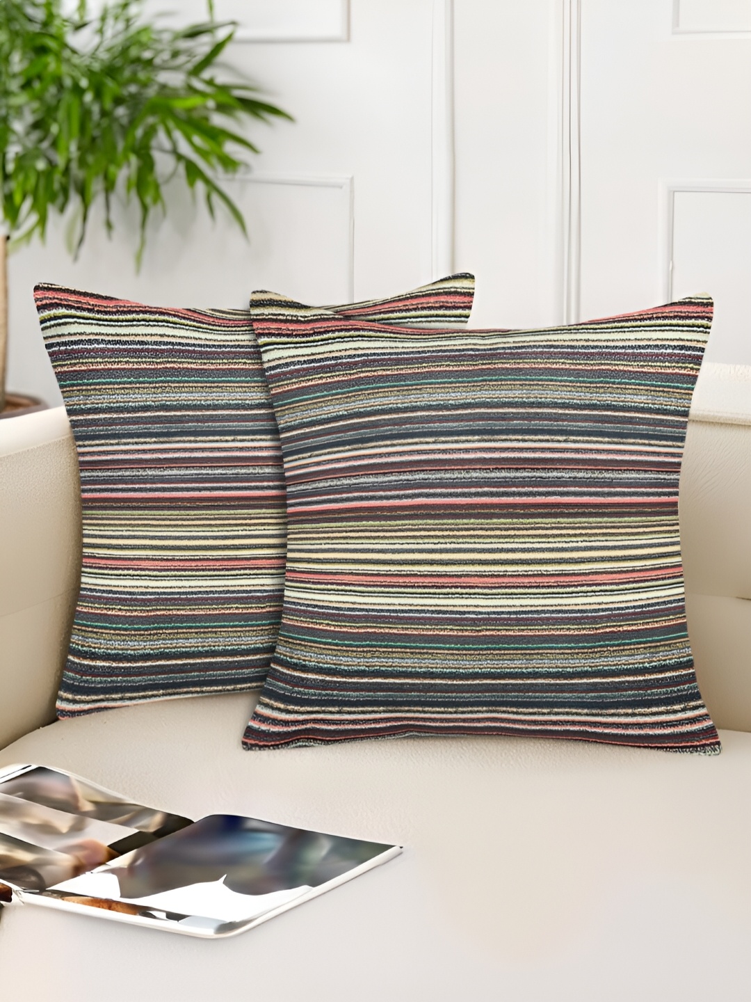

Tesmare Green 2 Pcs Striped Velvet Square Cushion Covers