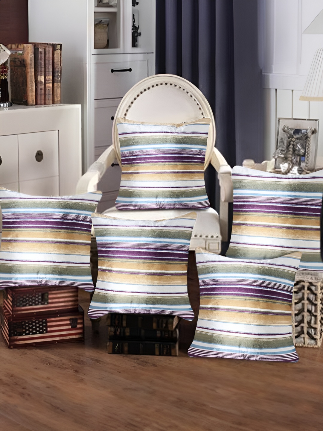 

Tesmare Off White & Yellow 5 Pcs Striped Velvet Square Cushion Covers