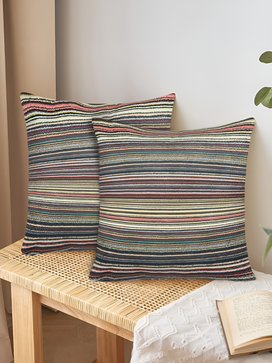 

Tesmare Green & Yellow 2 Pieces Striped Embroidered Velvet Square Cushion Covers