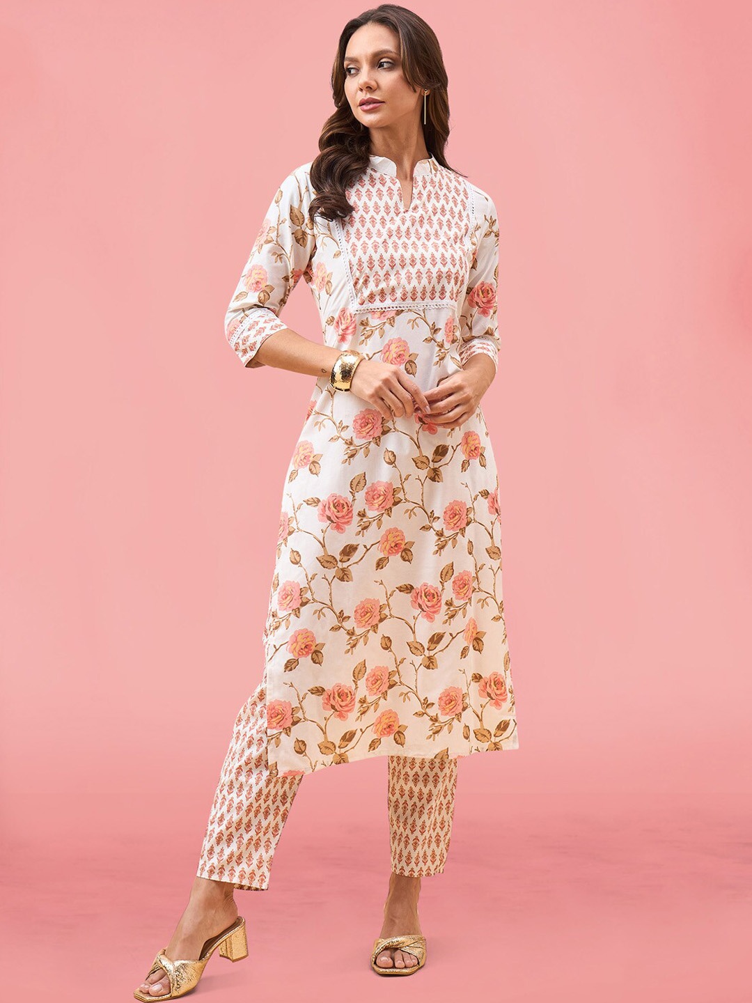 

Meena Bazaar Floral Printed Regular Kurta With Trouser, Cream