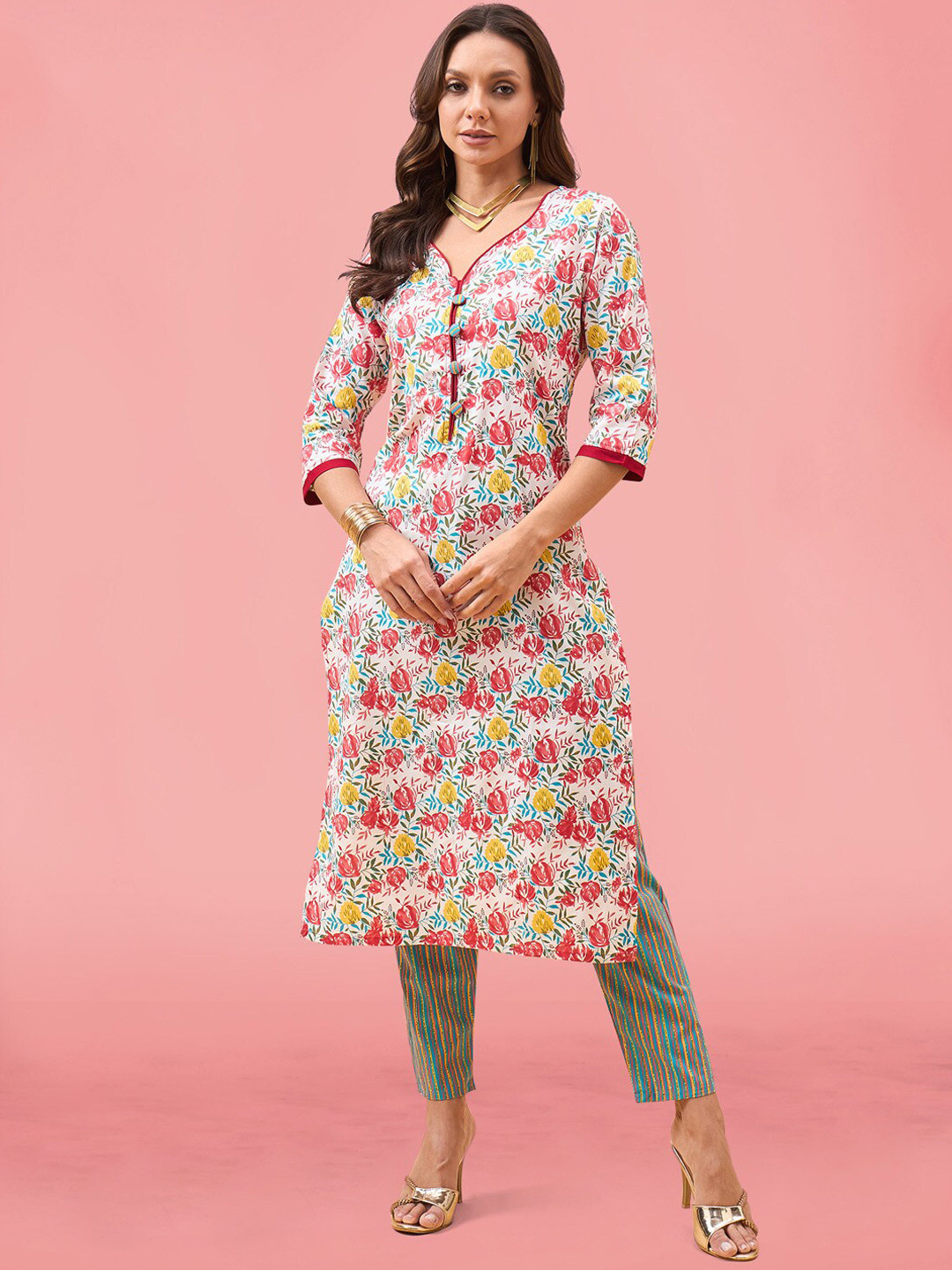 

Meena Bazaar Floral Printed Regular Straight Kurta With Trouser, White