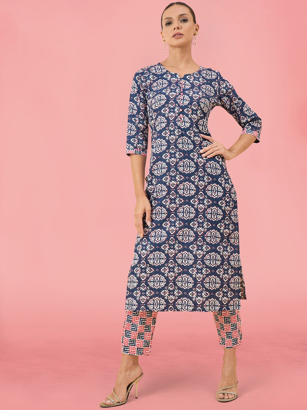

Meena Bazaar Ethnic Motifs Printed Regular Straight Kurta With Trousers, Blue