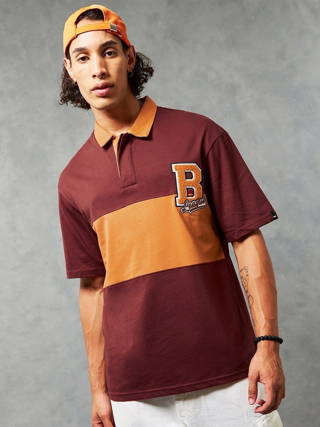 

Bewakoof B League Colourblocked Polo Collar Oversized Cotton T-shirt, Red