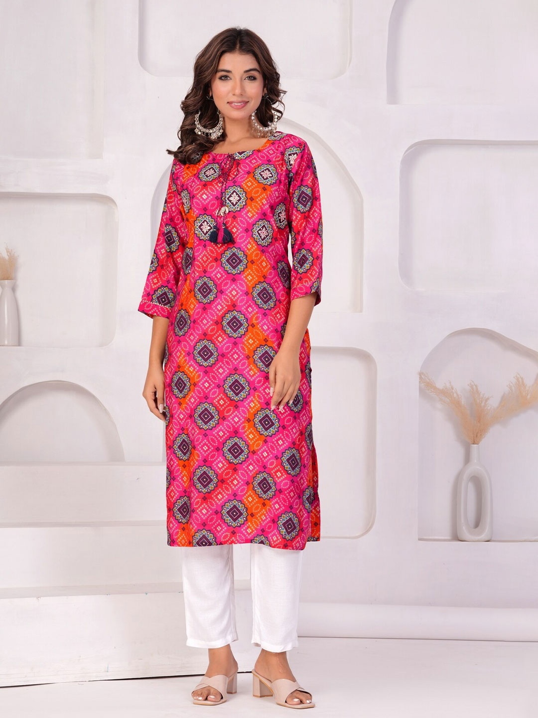 

KALINI Ethnic Motifs Printed Tie-Up Neck Three-Quarter Sleeves Kurta, Pink