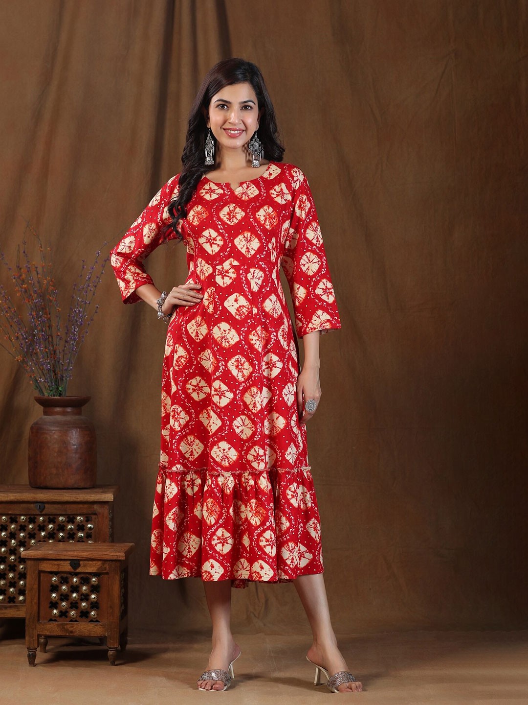 

KALINI Printed Fit & Flare Midi Ethnic Dress, Red