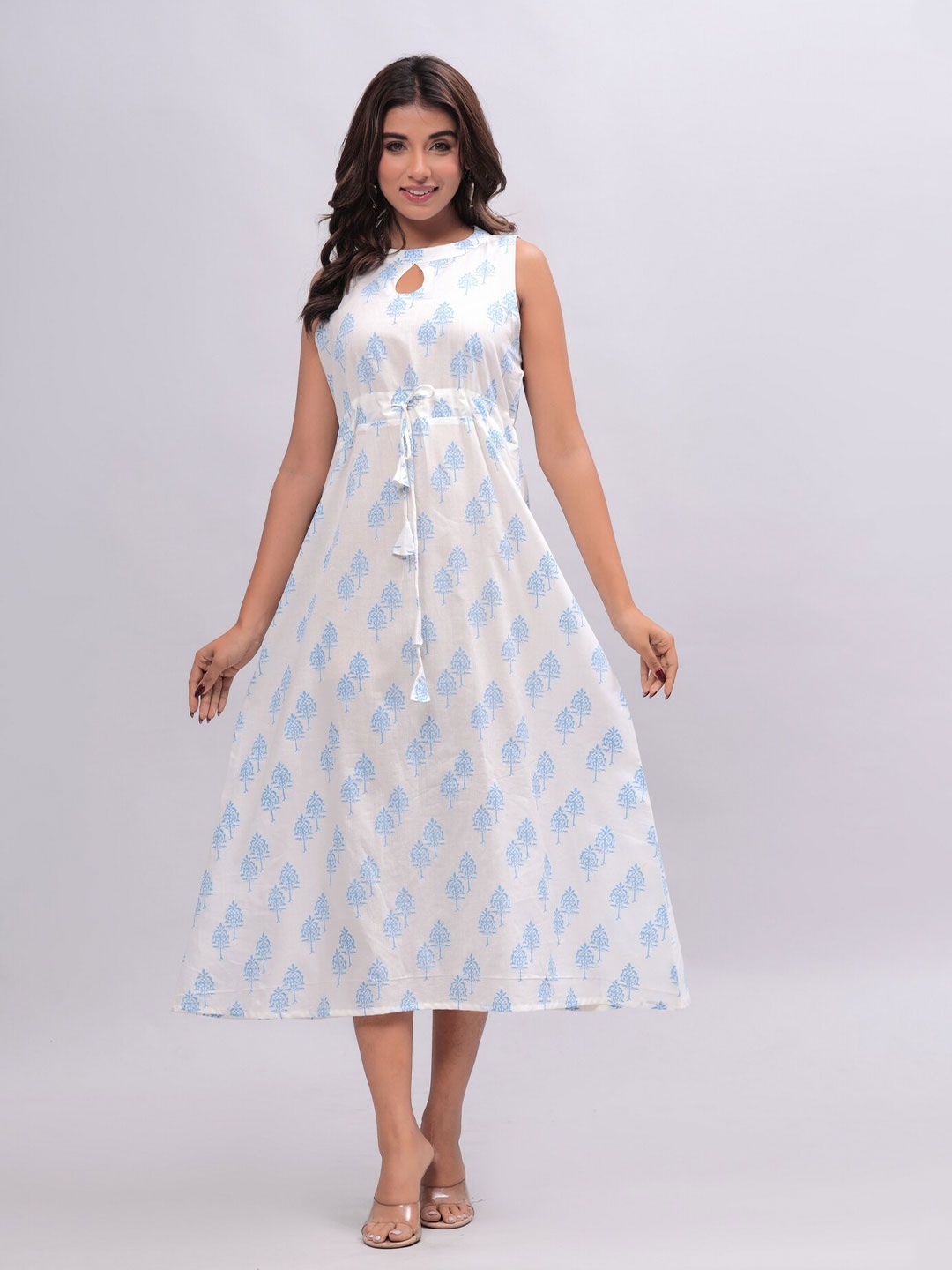 

KALINI Ethnic Motifs Print Pure Cotton Keyhole Neck A-Line Midi Dress, White