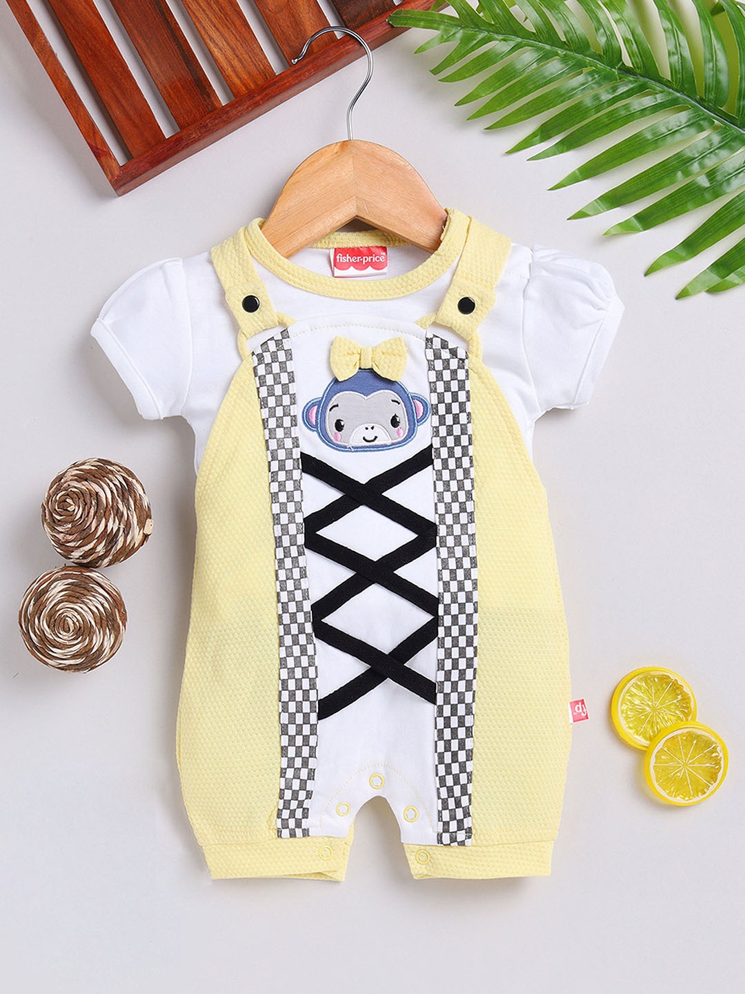 

Moms Love Infant Girls Self Design Cotton Dungaree With T-Shirt, Yellow
