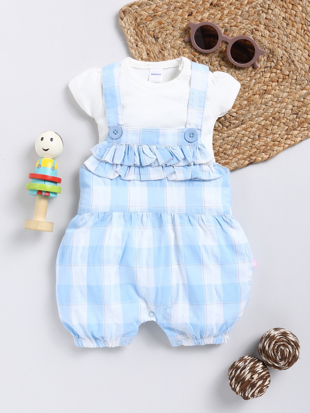 

Moms Love Infants Girls Checked Cotton Dungaree & T-shirt, Blue