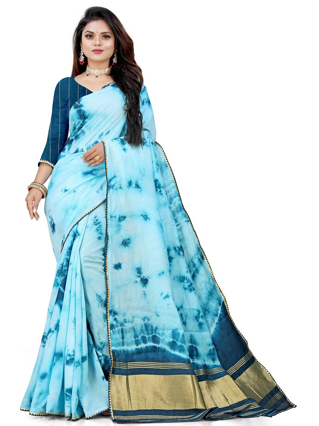 

Pemal Designer Tie and Dye Zari Saree, Blue