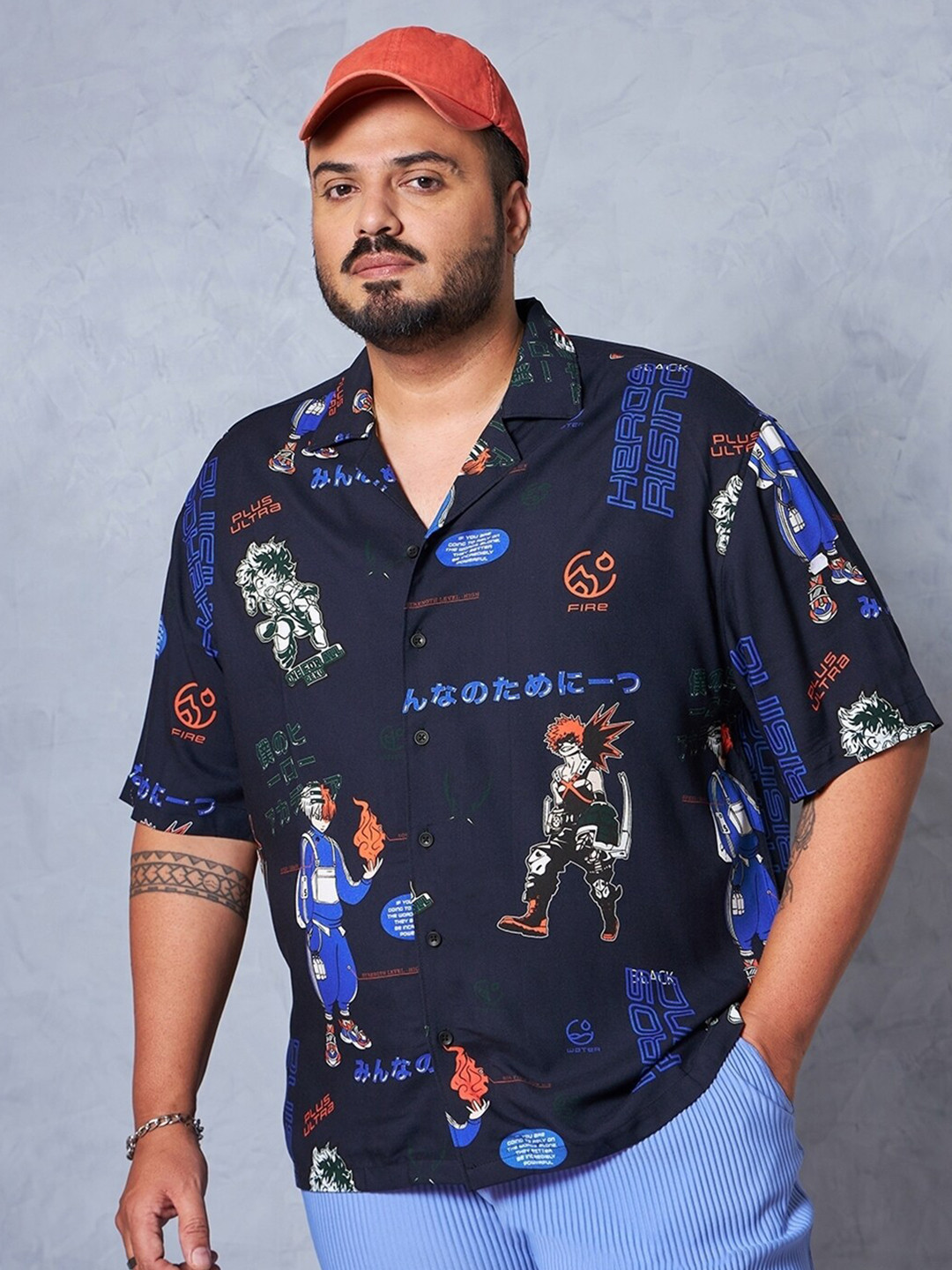 

Bewakoof Plus Graphic Printed Spread Collar Opaque Oversized Casual Plus Size Shirt, Blue
