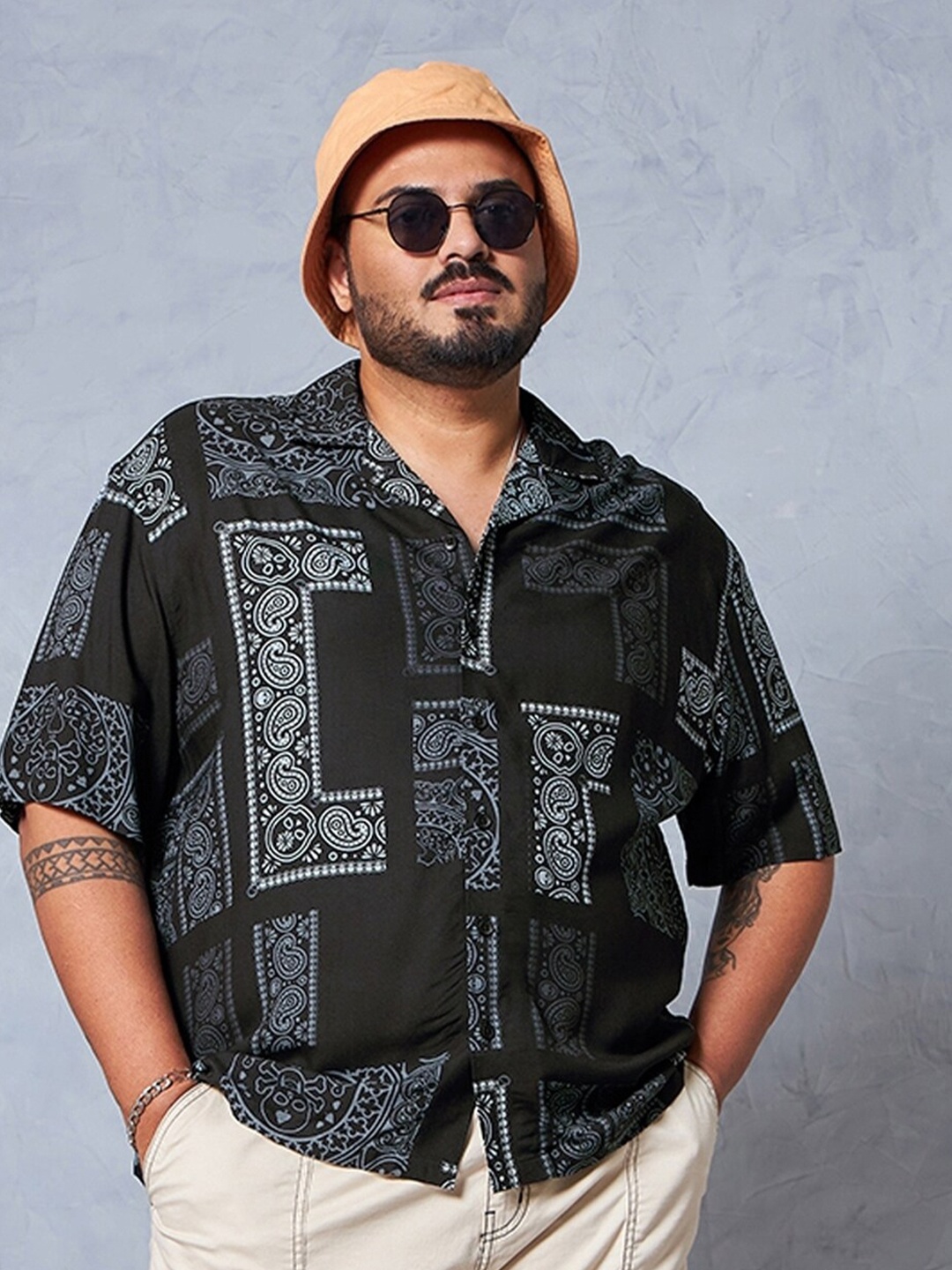

Bewakoof Plus Ethnic Motifs Printed Spread Collar Oversized Opaque Casual Plus Size Shirt, Black