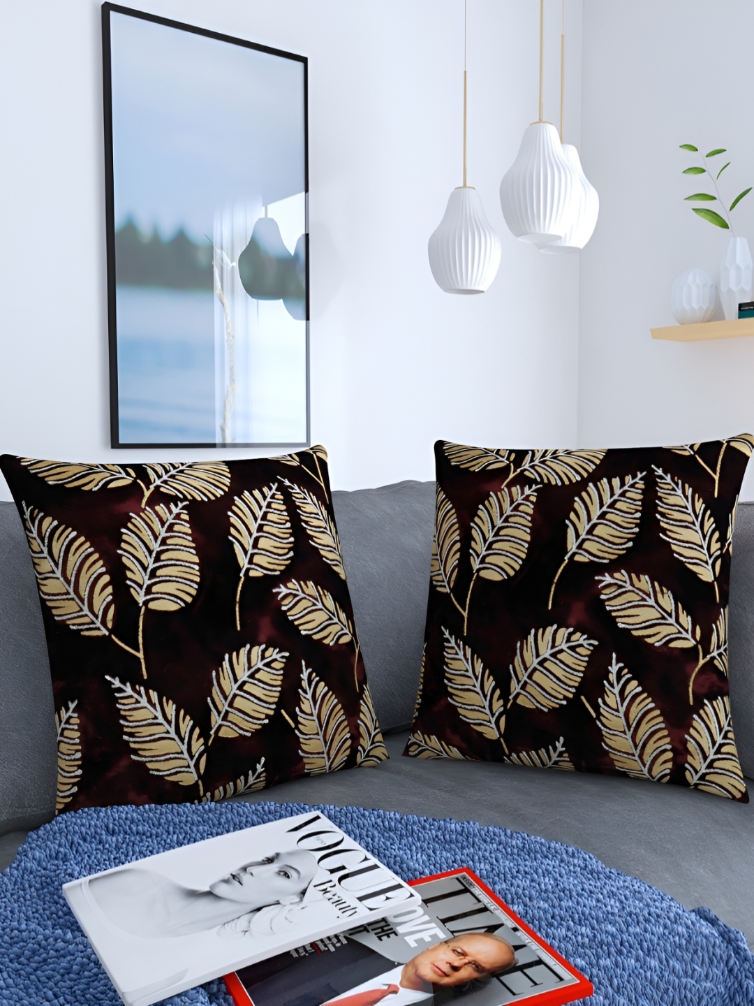 MONKDECOR Brown & Gold-Toned 2 Pieces Floral Velvet Rectangle Cushion Covers