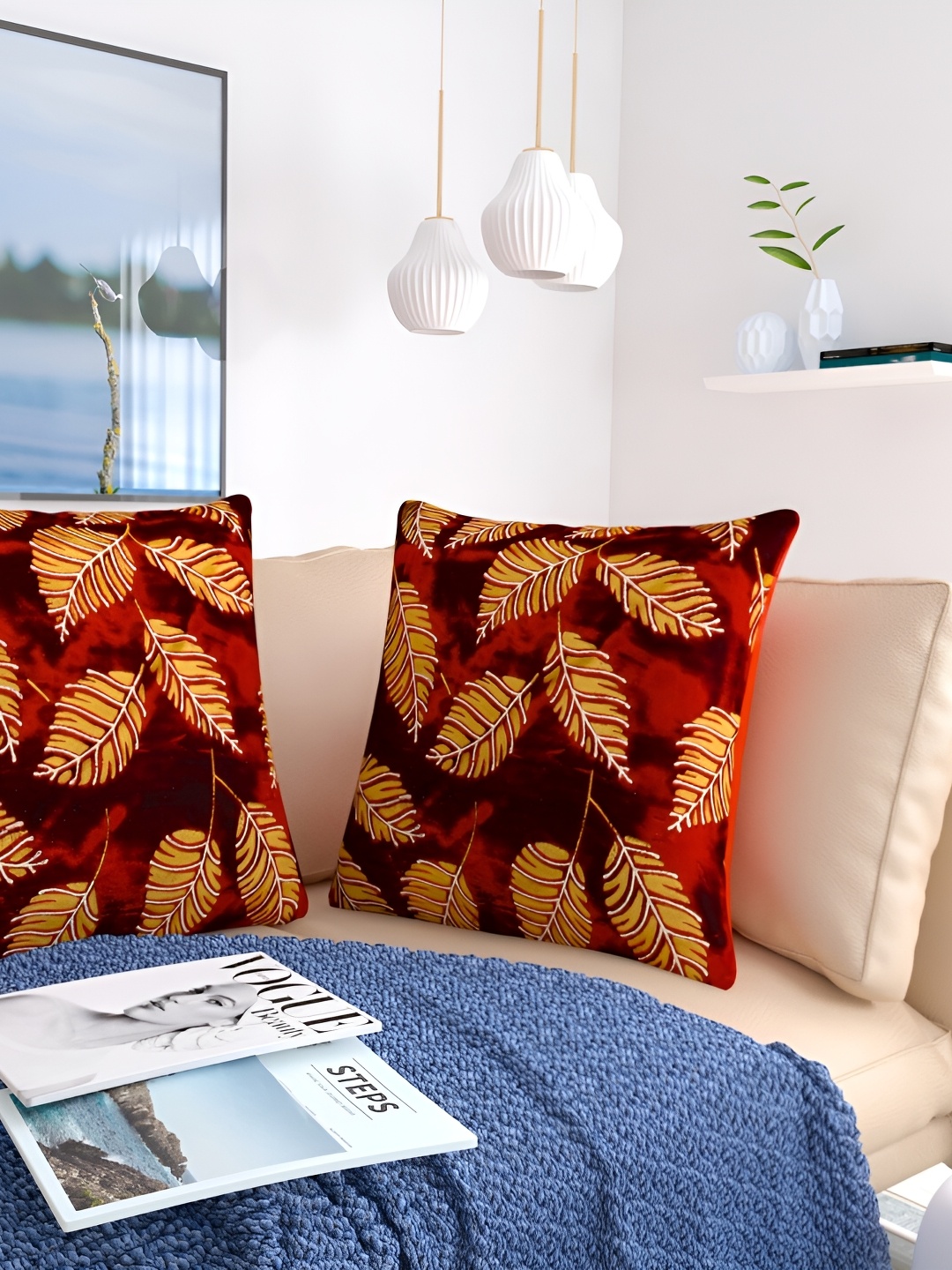 

MONKDECOR Maroon & Beige 2 Pieces Floral Velvet Rectangle Cushion Covers