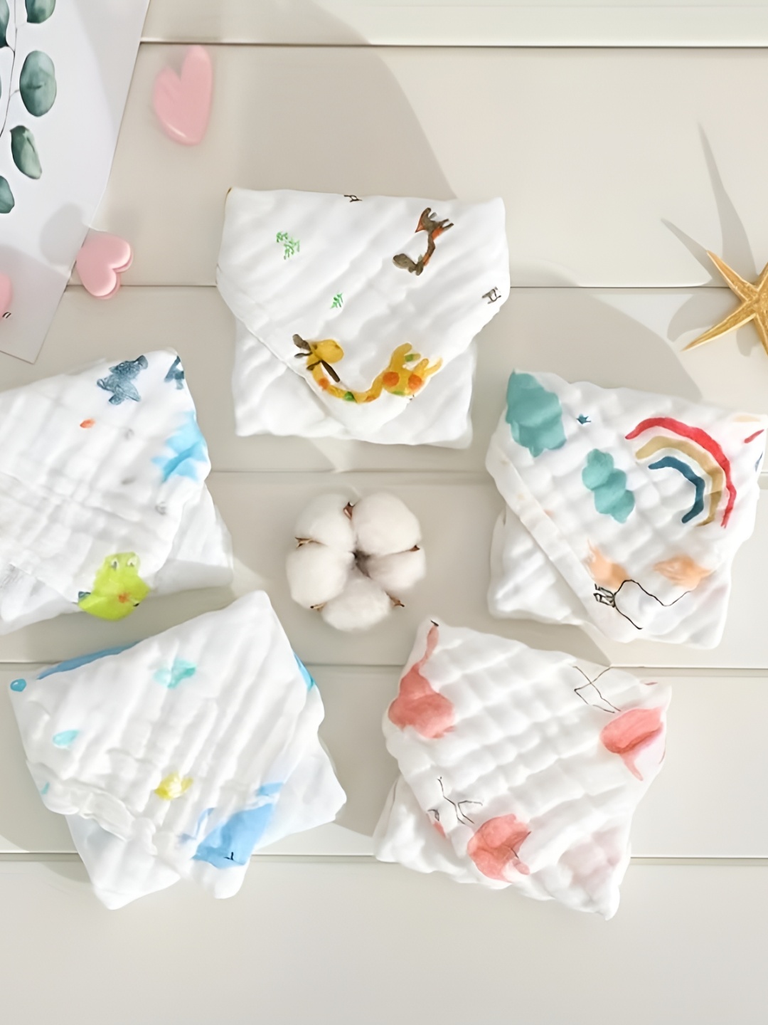 

SYGA Infants 5 Pieces Printed Six-Layer Gauze Cotton Multi-Utility Napkin, White