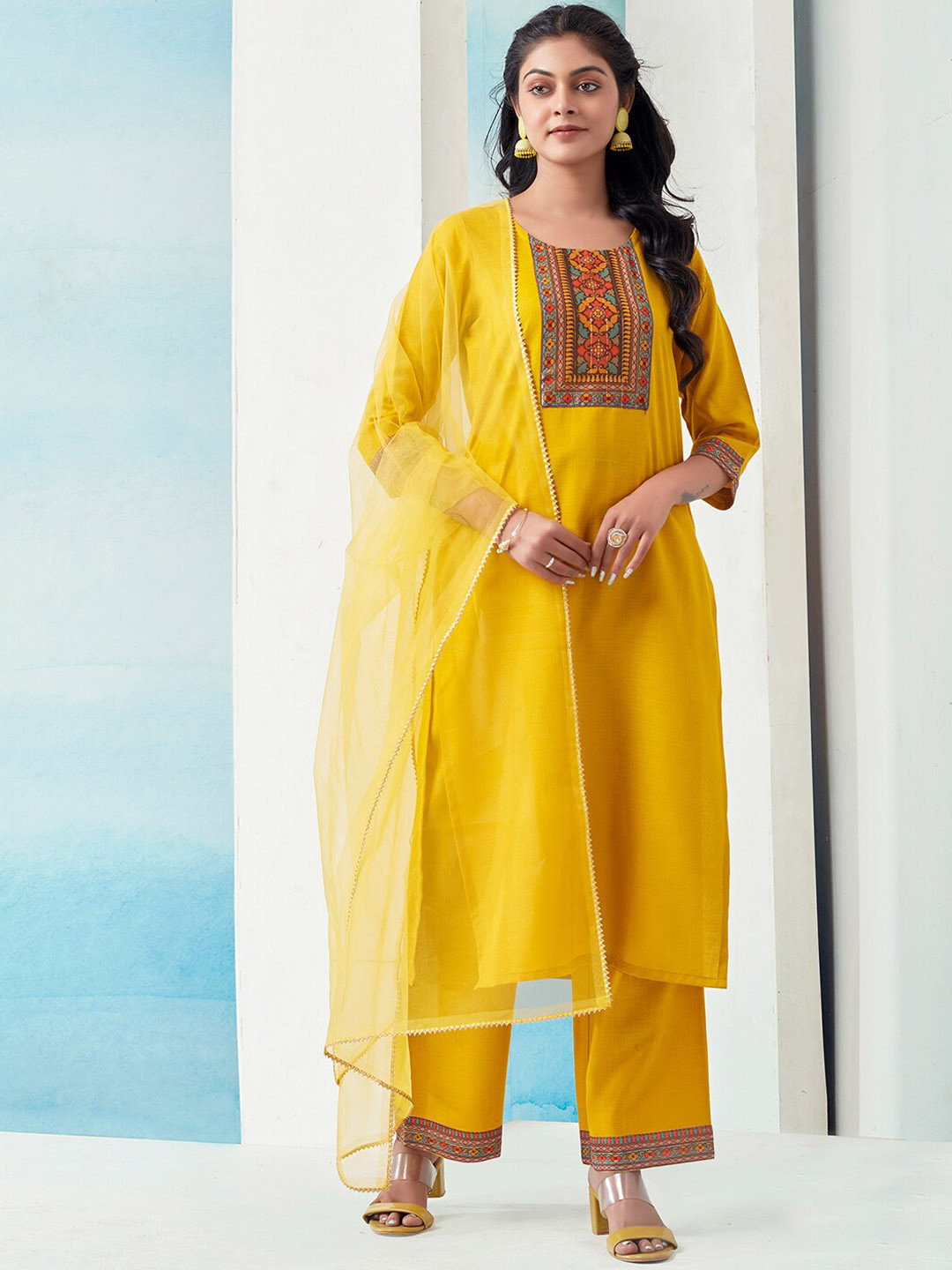 

KALINI Ethnic Motifs Yoke Design Straight Kurta & Trouser With Dupatta, Yellow