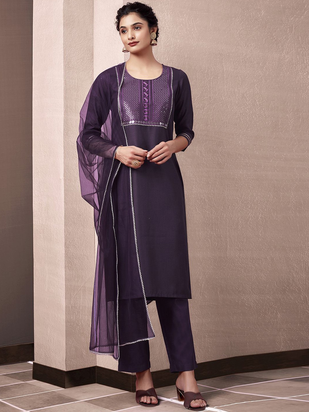 

KALINI Yoke Design Regular Sequinned Kurta With Palazzos & Dupatta, Purple