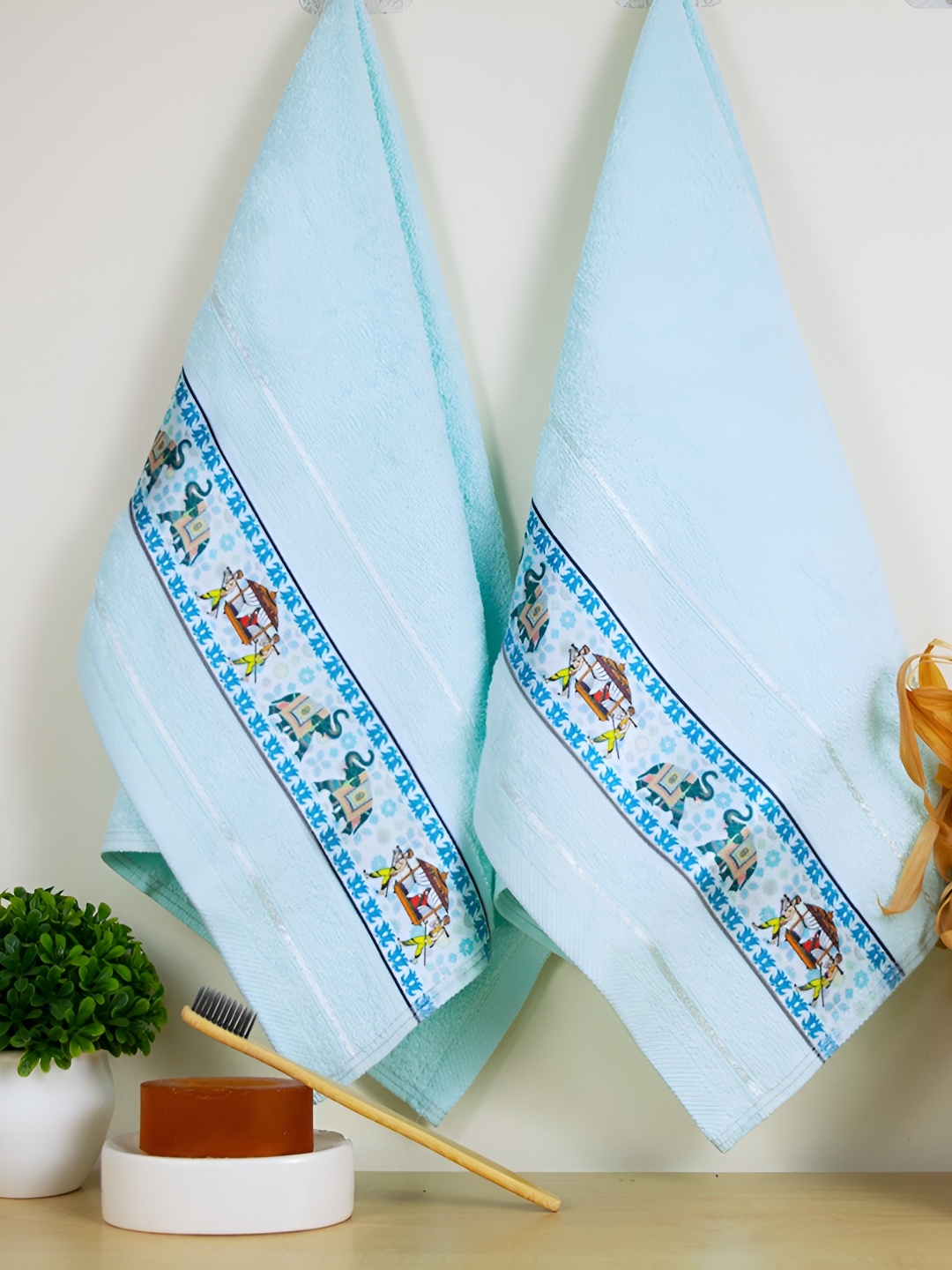 

RANGOLI 2 Pcs 440 GSM Pure Cotton Hand Towels, Turquoise blue