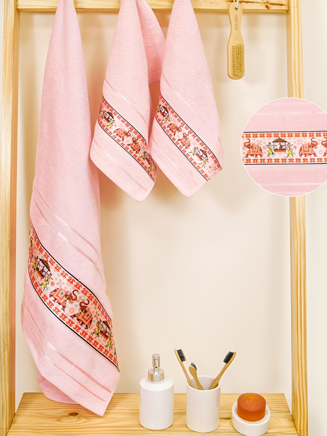 

RANGOLI Peach-Coloured & Red 3 Pieces Printed Cotton 450 GSM Towel Set