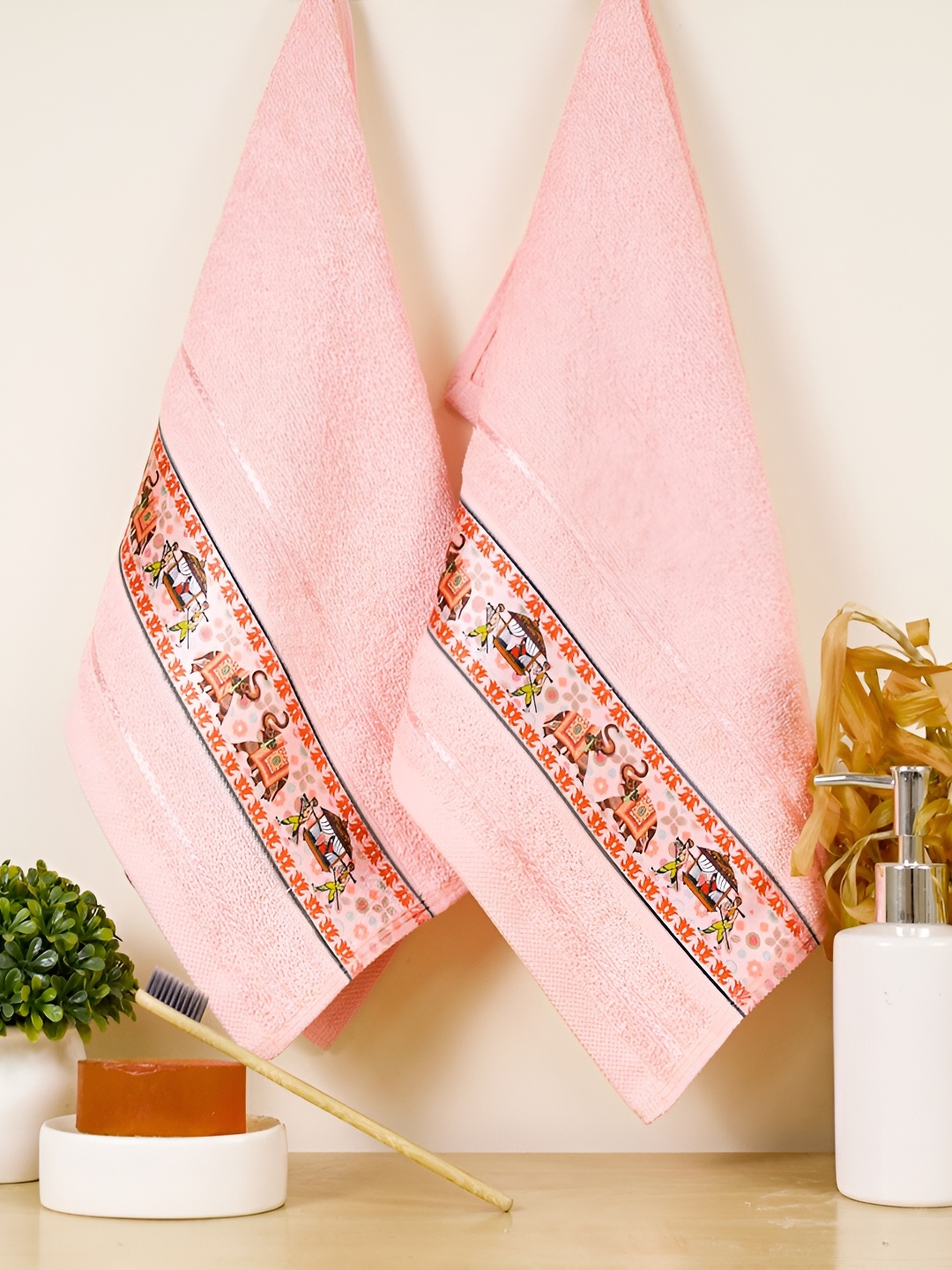 

RANGOLI 2 Pcs 440 GSM Pure Cotton Hand Towels, Peach