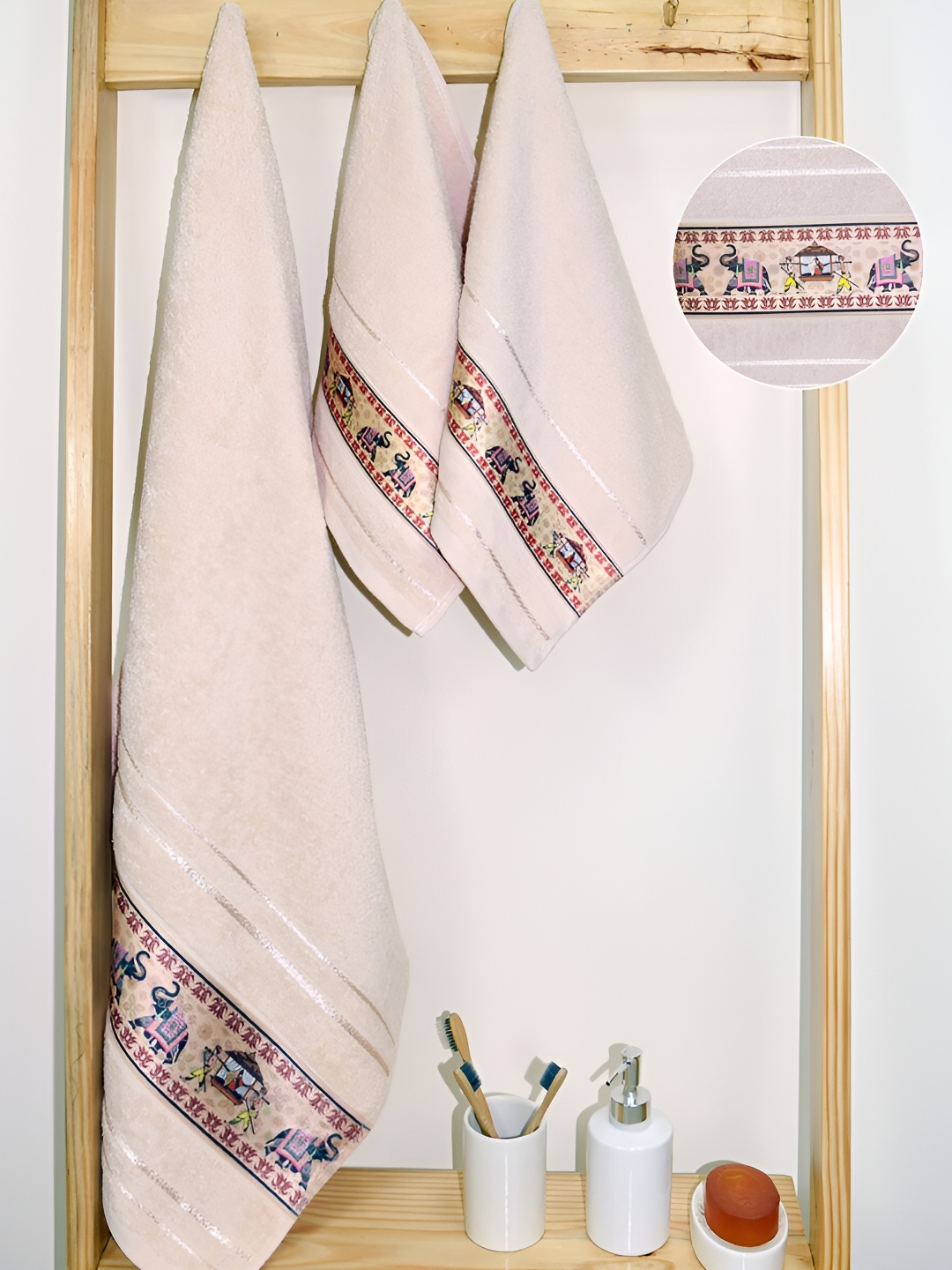 

RANGOLI Cream 3 Piece Printed Cotton 450 GSM Towel Set