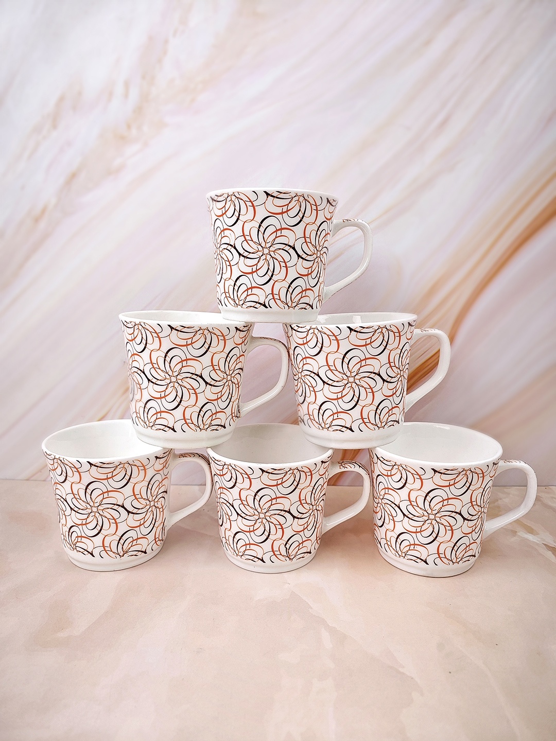 

UPC Set of 6 Printed Premium Lightweight Fine Bone China Ceramic Tea/Coffee Cups, White