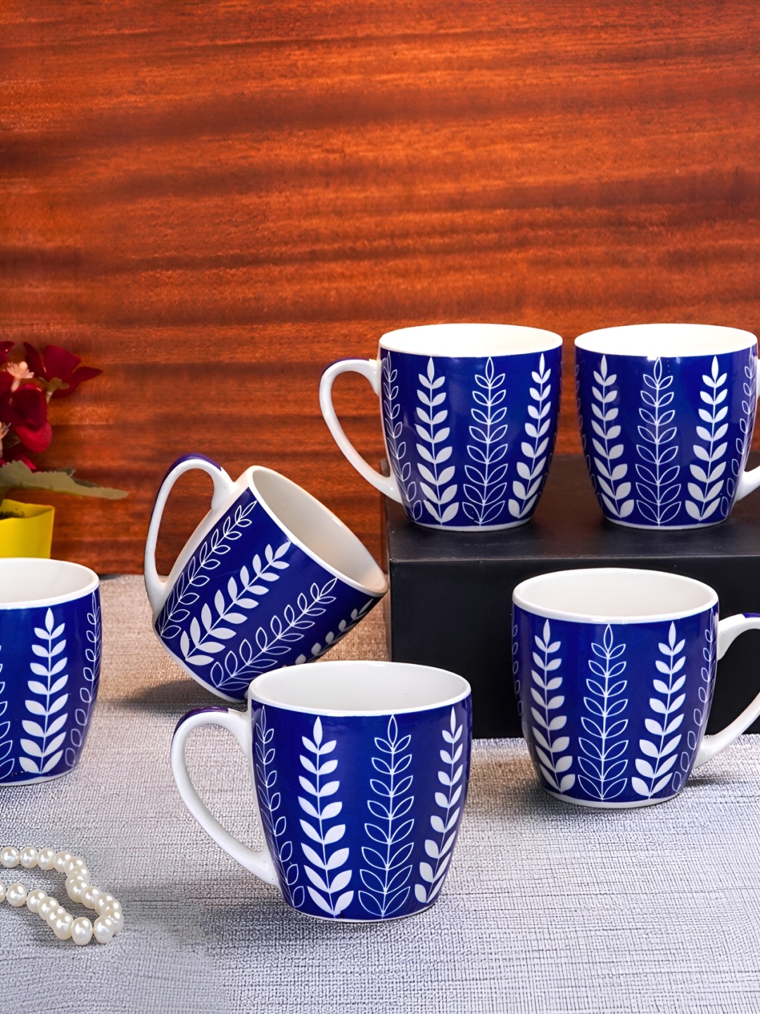 

UPC Set of 6 Printed Premium Lightweight Fine Bone China Ceramic Tea/Coffee Cups, Blue
