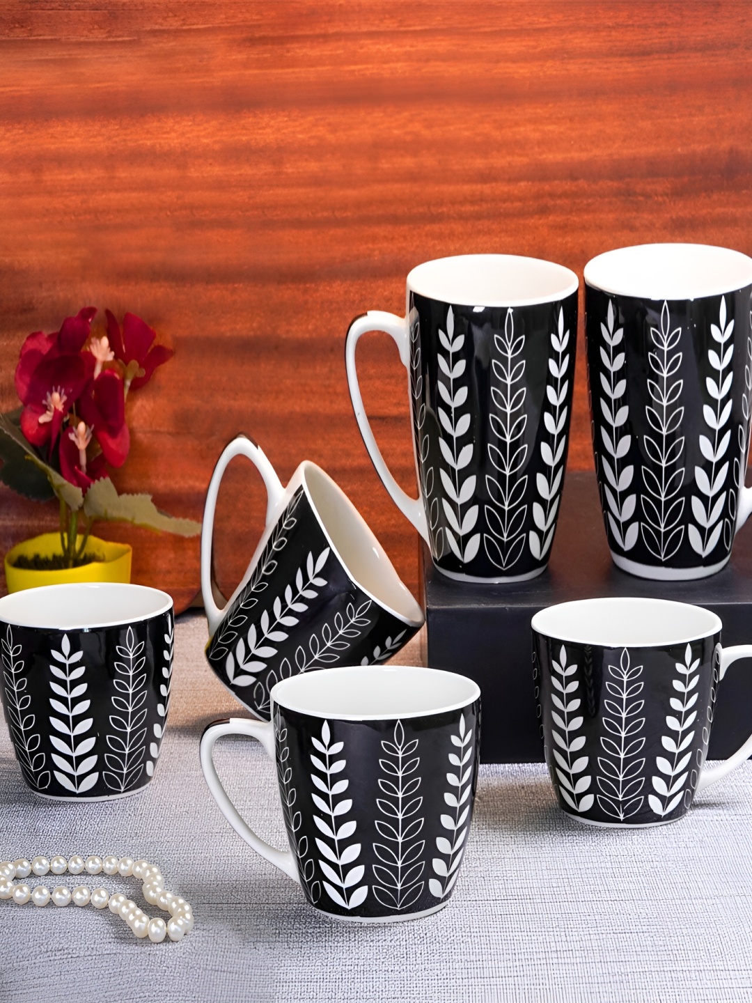 

UPC Set of 6 Printed Premium Lightweight Fine Bone China Ceramic Tea/Coffee Cups, Black