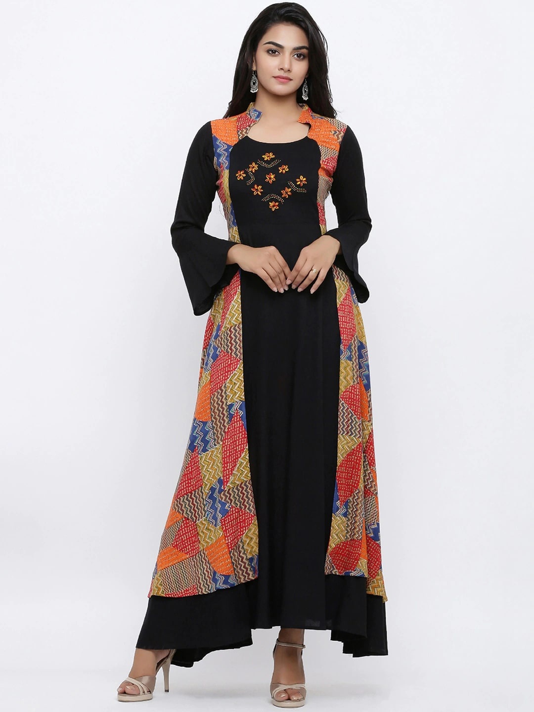 

KALINI Quirky Embroidered Thread Work Anarkali Kurta, Black
