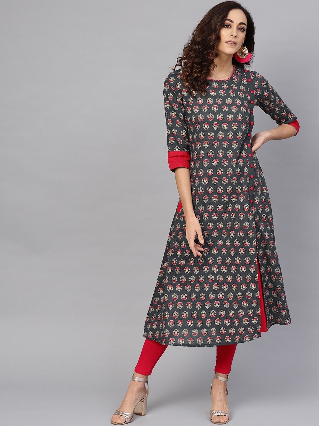

KALINI Ethnic Motifs Cotton A-Line Kurta, Grey