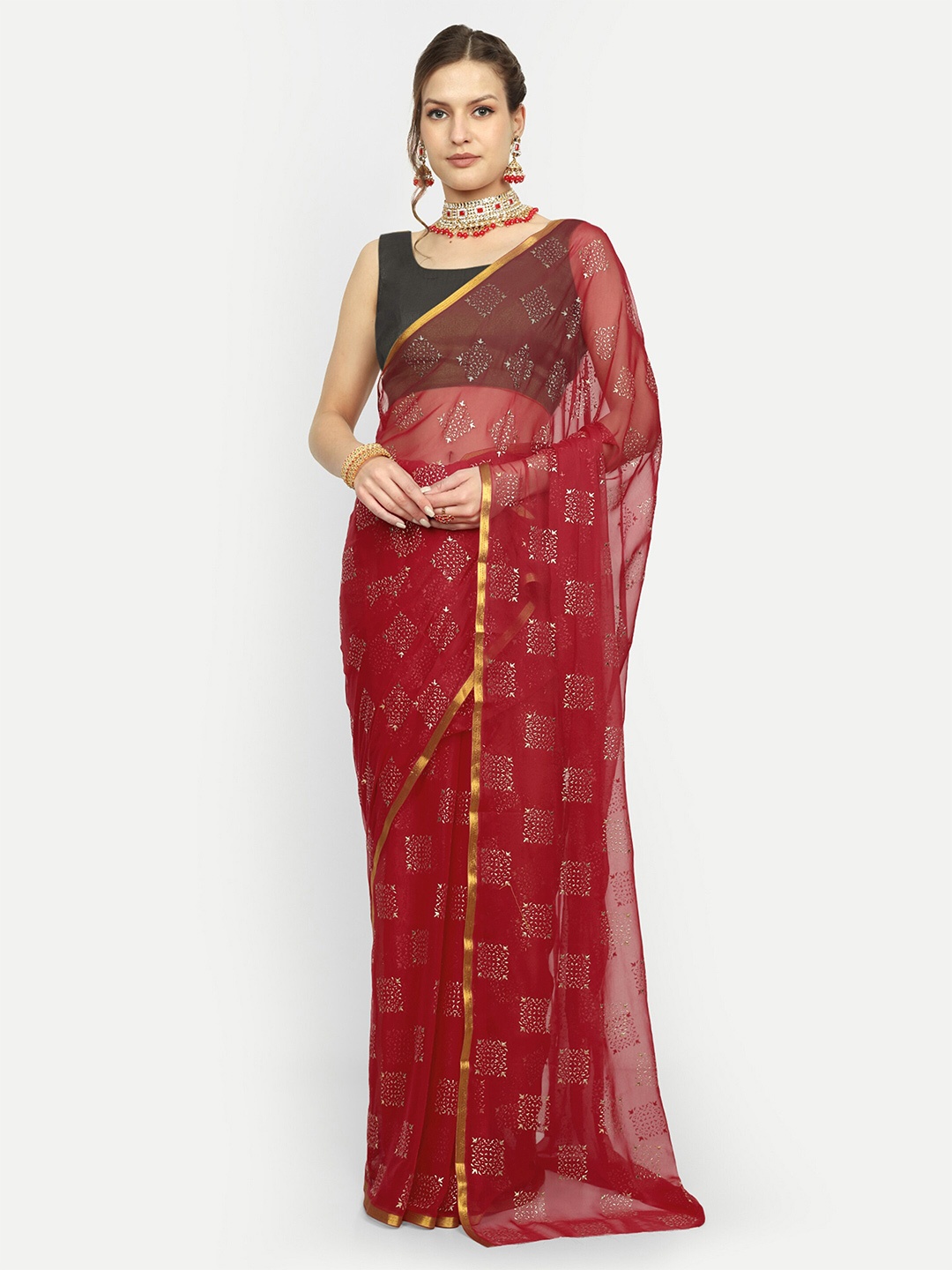 

Aardiva Embellished Zari Saree, Red