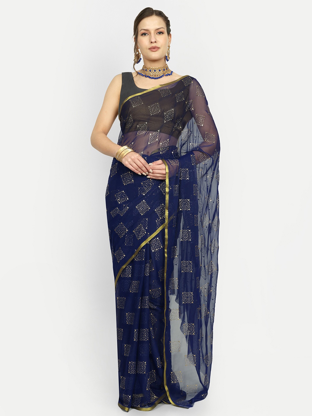 

Aardiva Ethnic Motifs Zari Saree, Navy blue