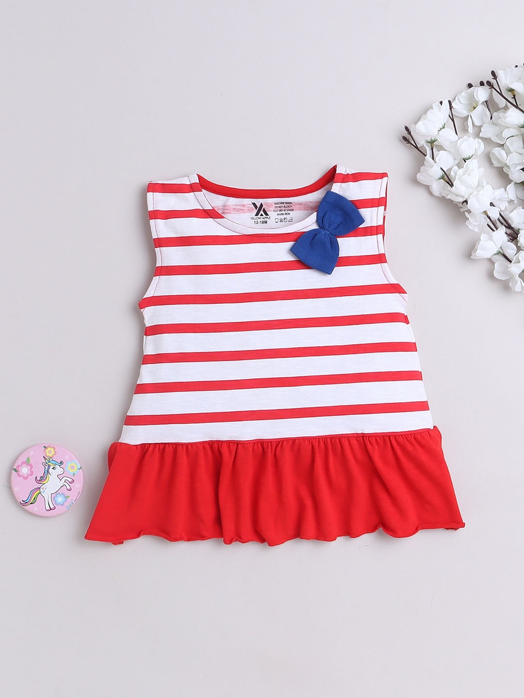 

Yellow Apple Girls Striped Round Neck Sleeveless Regular Fit T-shirt, Red