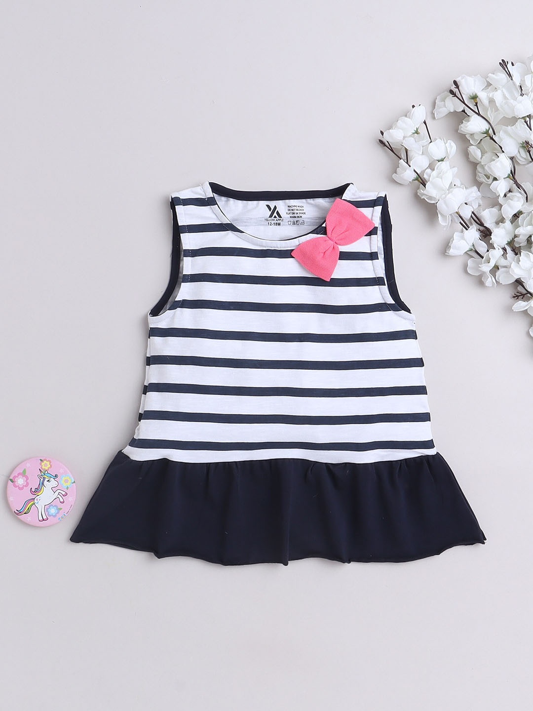 

Yellow Apple Girls Striped Round-Neck T-shirt, Navy blue