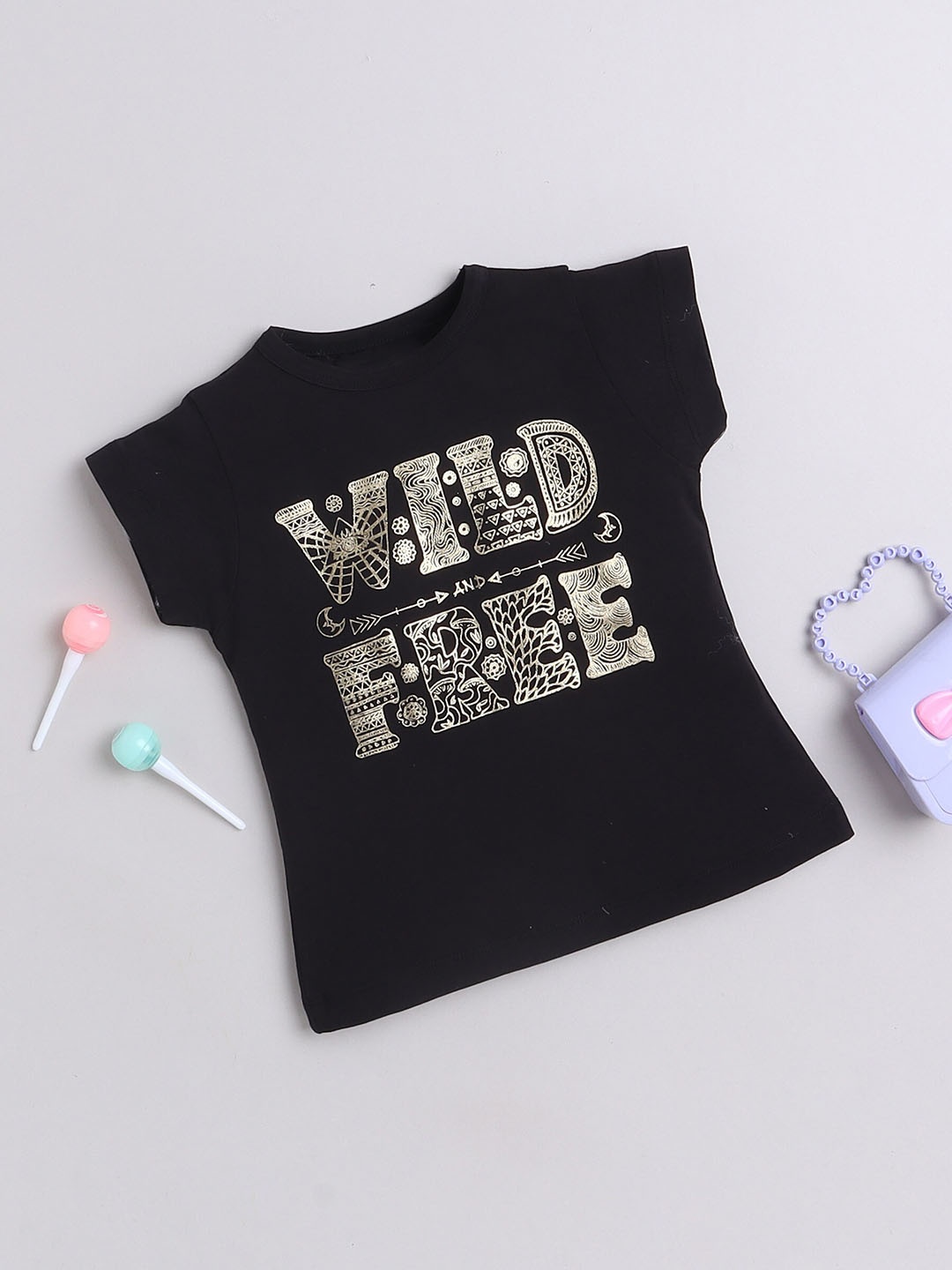 

Yellow Apple Girls Printed Round-Neck T-shirt, Black