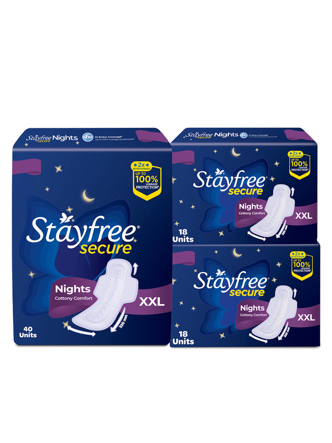 

Stayfree Secure Set of 3 Nights Cottony Comfort XXL Pads - 40Pcs + 18Pcs + 18Pcs, Blue