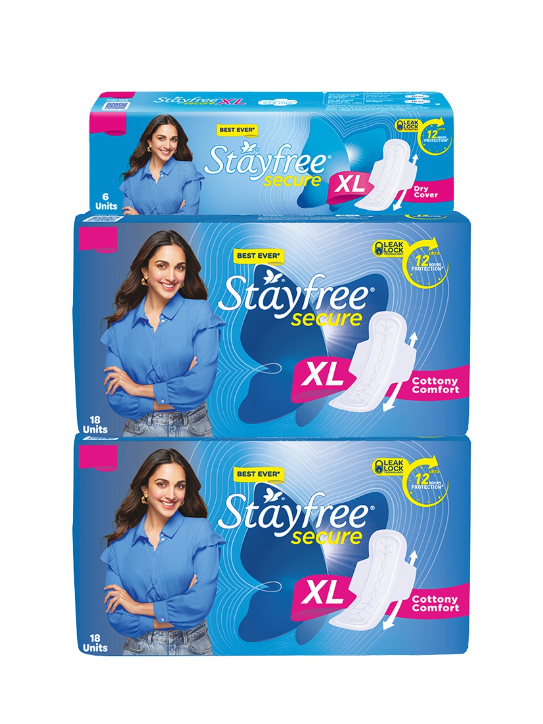 

Stayfree Secure Set of 2 Cottony Comfort XL Pads 18Pcs Each & Dry Cover XL Pads 6Pcs, Blue