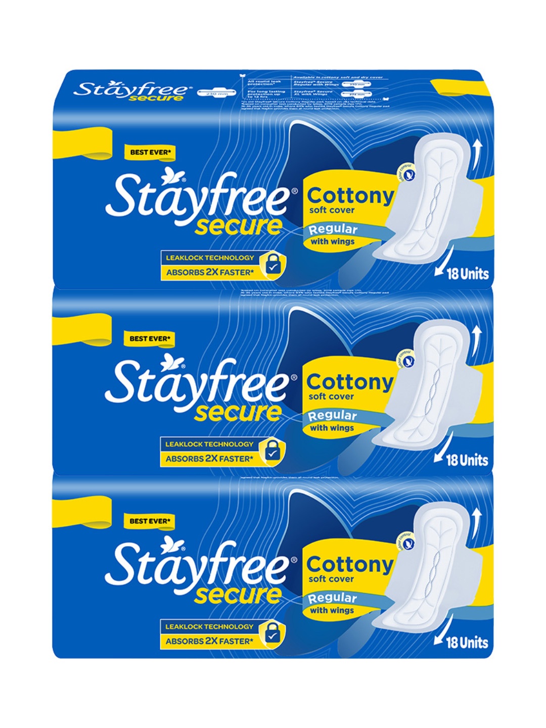 

Stayfree Secure Set Of 3 Cottony Soft Cover Regular Pads With Wings - 18Pcs Each, Blue