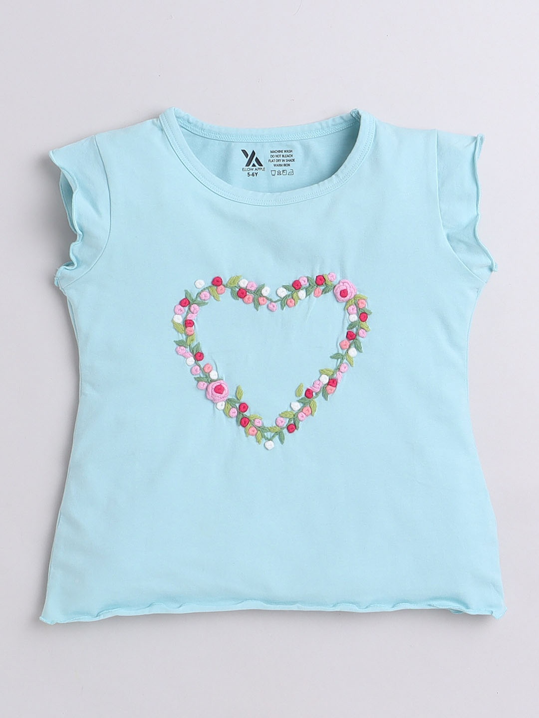 

Yellow Apple Girls Embroidered Round-Neck T-shirt, Turquoise blue