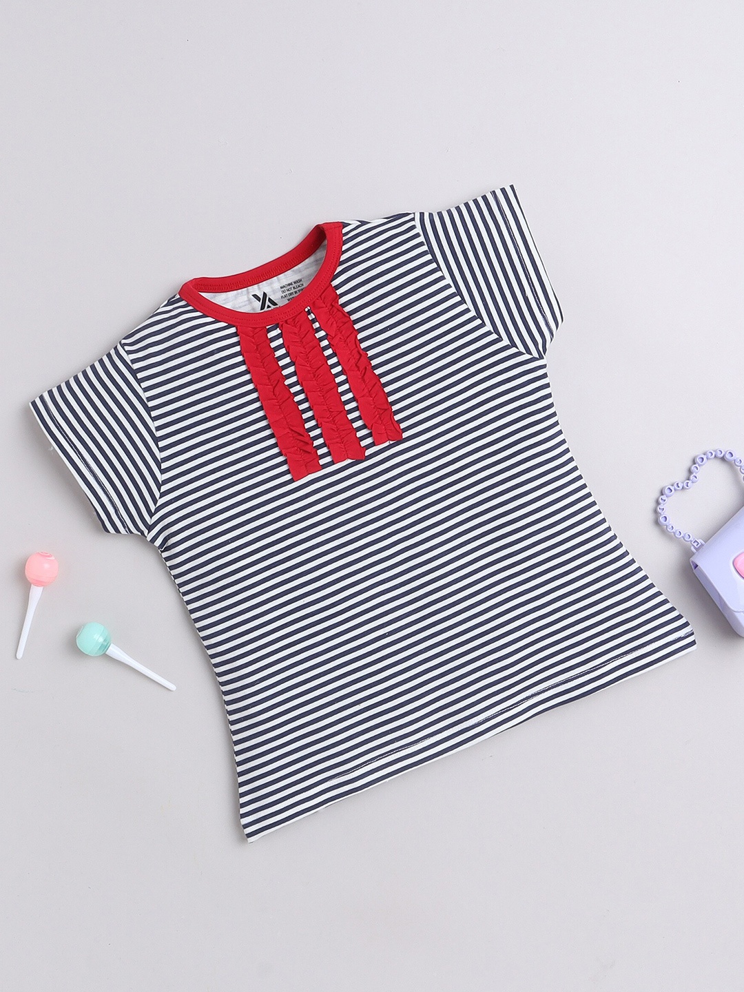 

Yellow Apple Girls Striped Embellished Cotton T-shirt, Navy blue