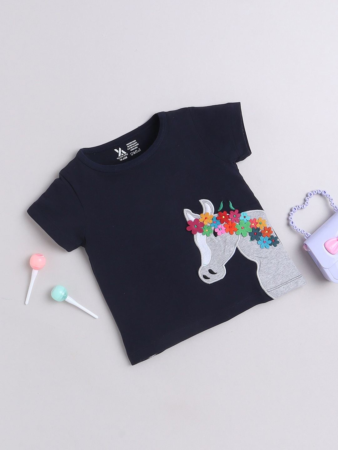 

Yellow Apple Girls Graphic Printed Cotton T-shirt, Navy blue