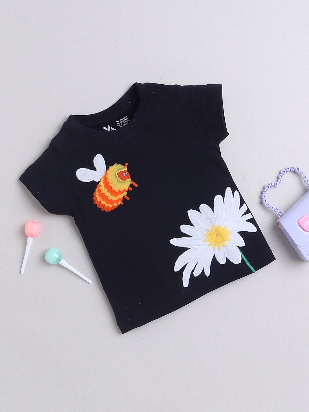 

Yellow Apple Girls Graphic Printed Cotton T-shirt, Navy blue