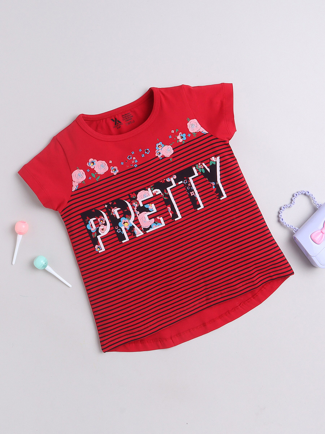 

Yellow Apple Girls Printed Round-Neck T-shirt, Red