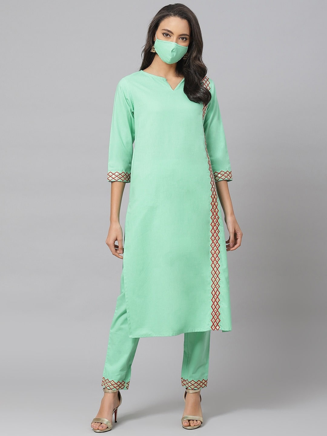 

KALINI Pure Cotton Kurta with Trousers, Sea green