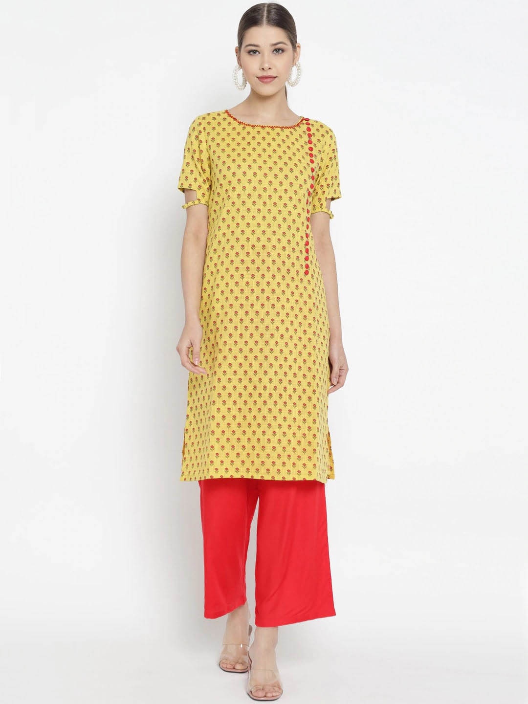 

KALINI Floral Printed Straight Kurta with Palazzos, Yellow