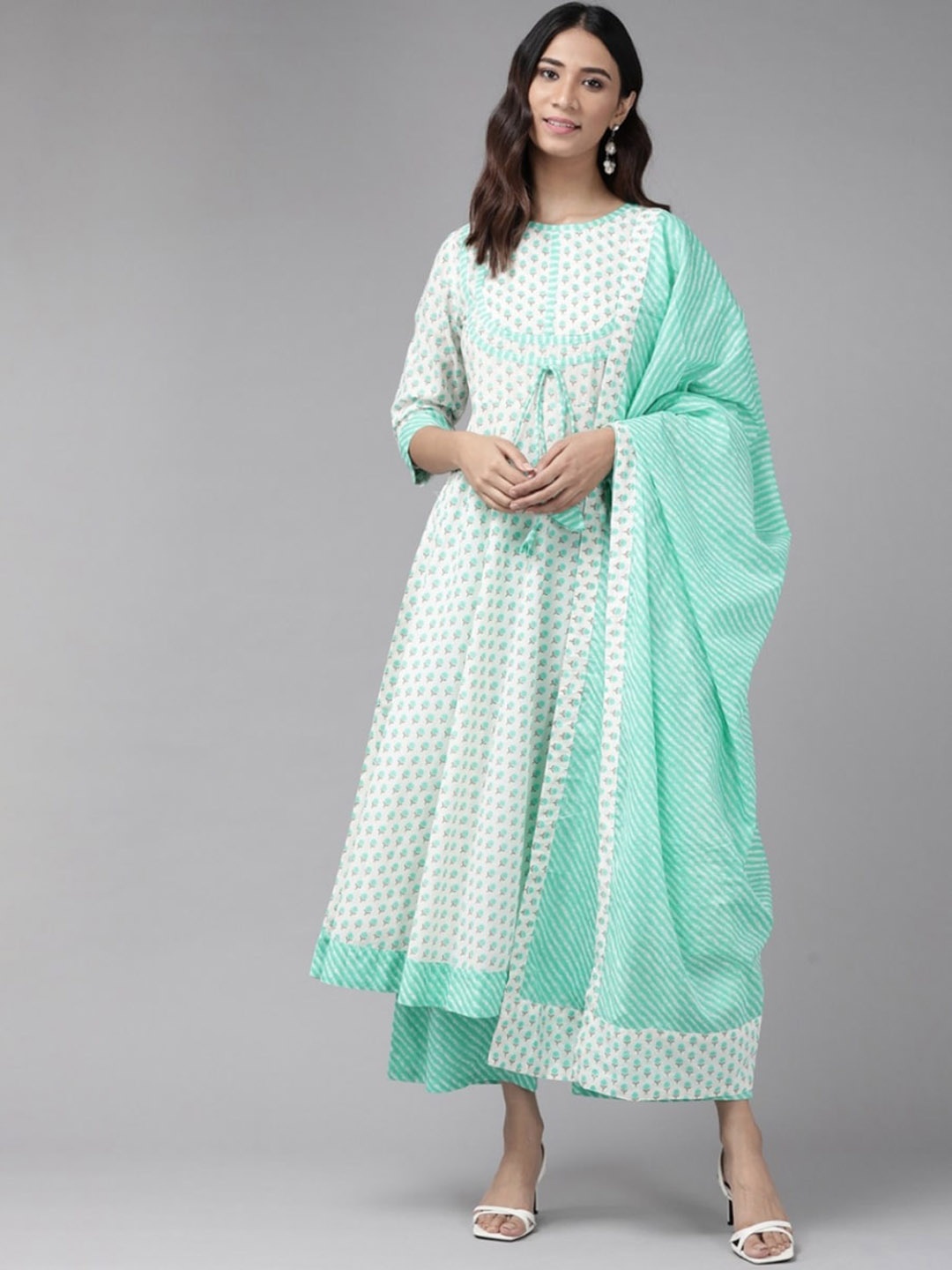 

KALINI Floral Printed Empire Pure Cotton Anarkali Kurta With Palazzos & Dupatta, White